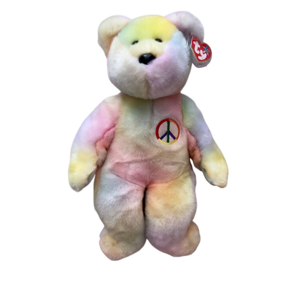 Ty Beanie Buddy Peace Bear Rainbow Tie Dye Plush 14” NWT New With Tags
